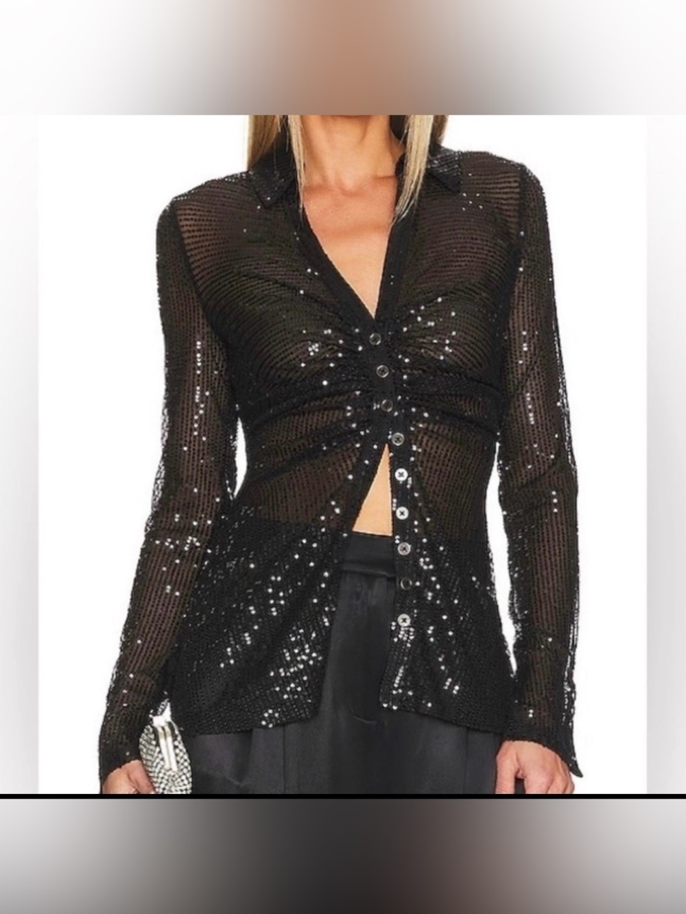 Free People Sequin Shirtee Blouse Top Black Sheer Ruched Top Sz Small Party EUC